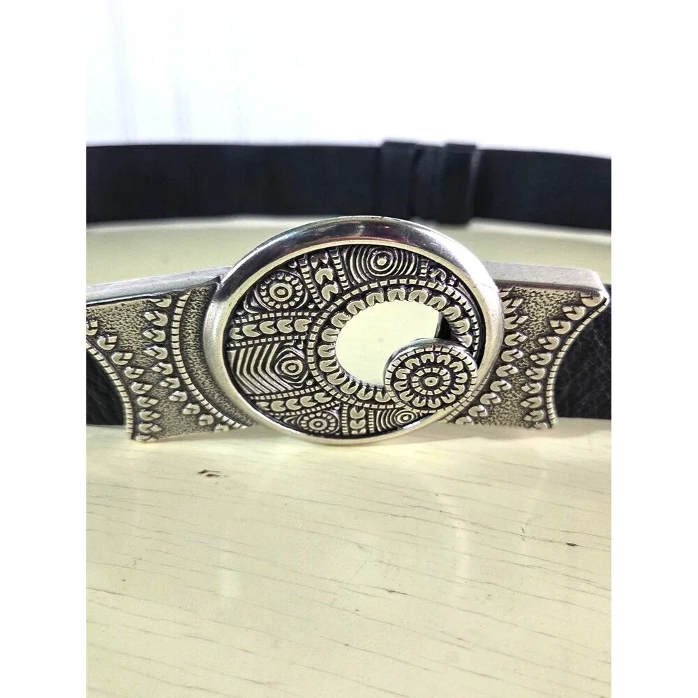 Chico’s Black Leather Belt Silver Tone Boho Hippie Round Buckle Women S/M